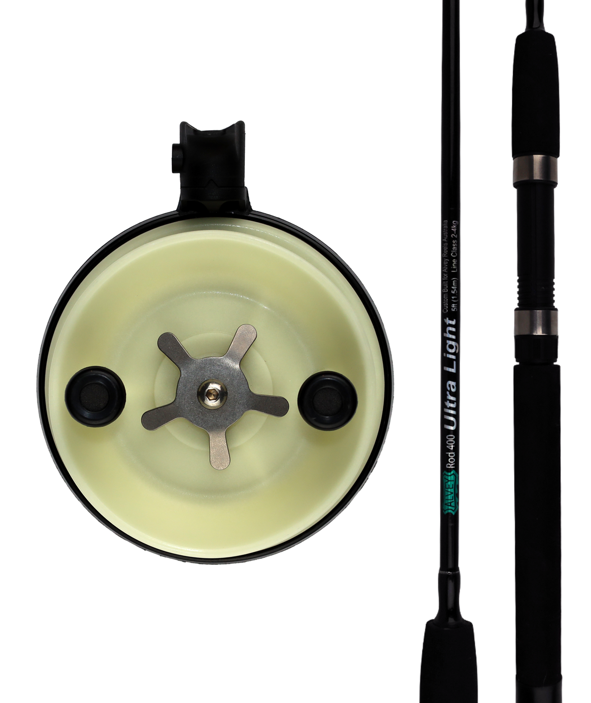 Fishing reel and rod on a white background