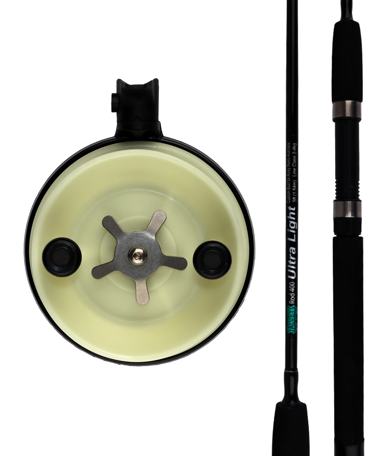 Fishing reel and rod on a white background