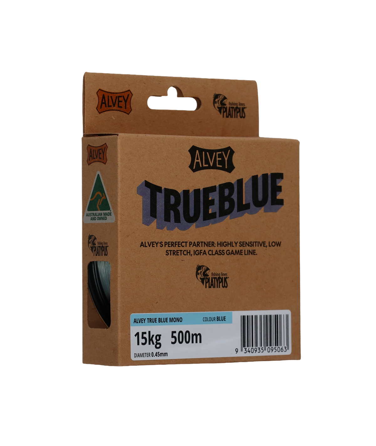 Alvey TrueBlue fishing line packaging on a white background