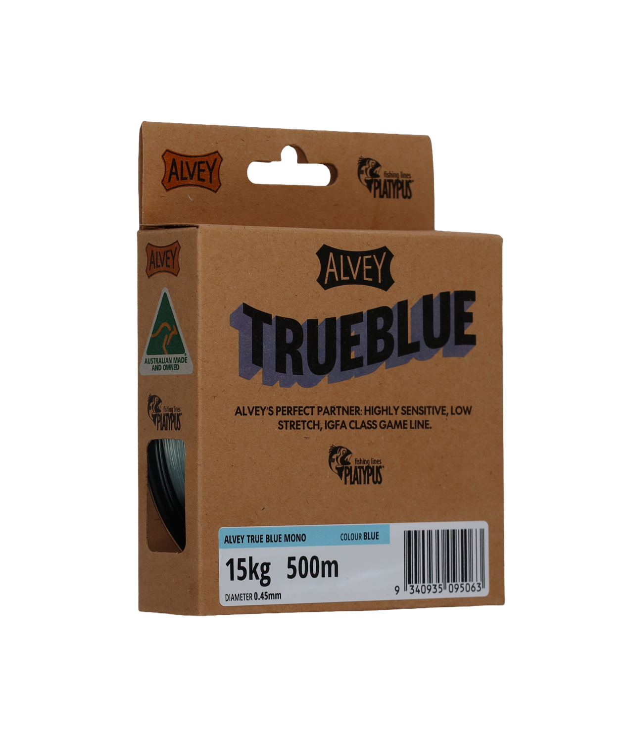Alvey TrueBlue fishing line packaging on a white background