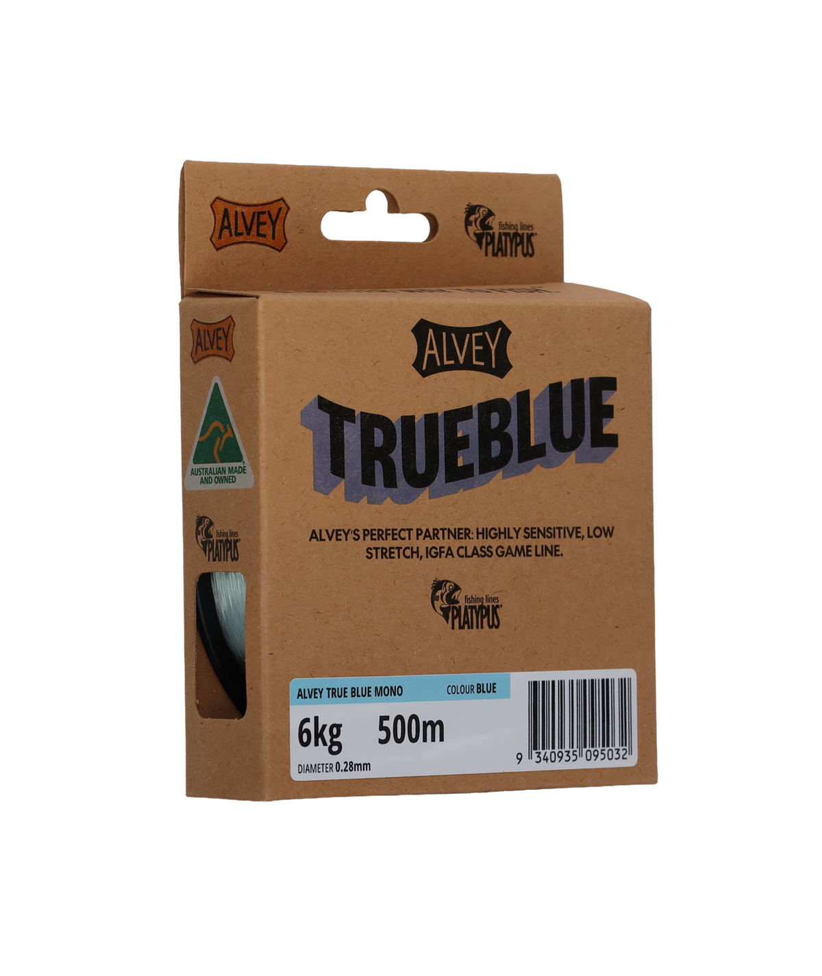 Alvey TrueBlue fishing line packaging on a white background