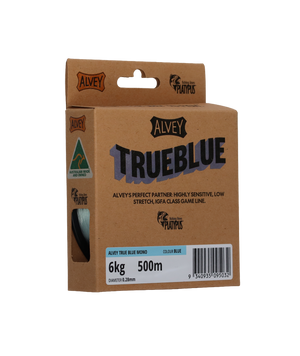 Alvey TrueBlue fishing line packaging on a white background