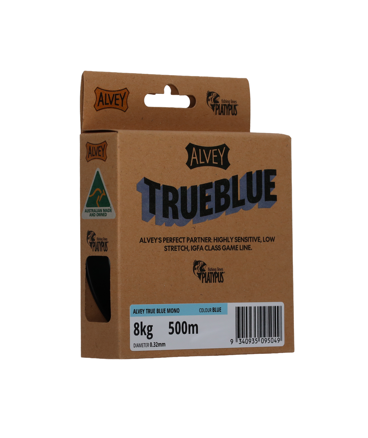 Alvey TrueBlue fishing line packaging on a white background