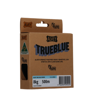 Alvey TrueBlue fishing line packaging on a white background